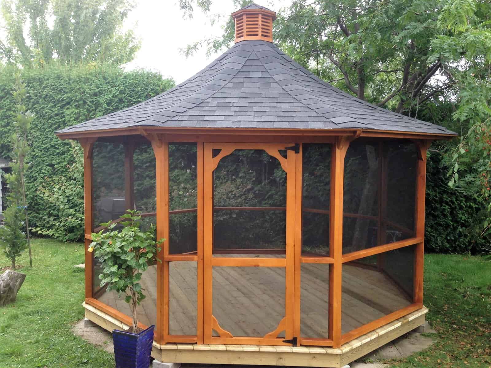 Gazebo de 12 pieds / Toit courbé avec coupole / Teinture Cannelle / Plancher en bois traité
